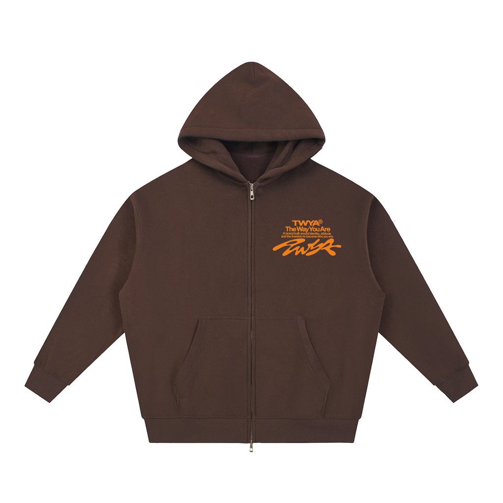 TWYA CODE ZIP HOODIE - BROWN - FRONT